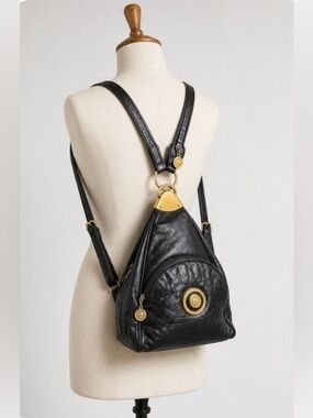 Vintage Y2K CIA New Wealth Black Leather Pyramid Sling Backpack Signature Medusa